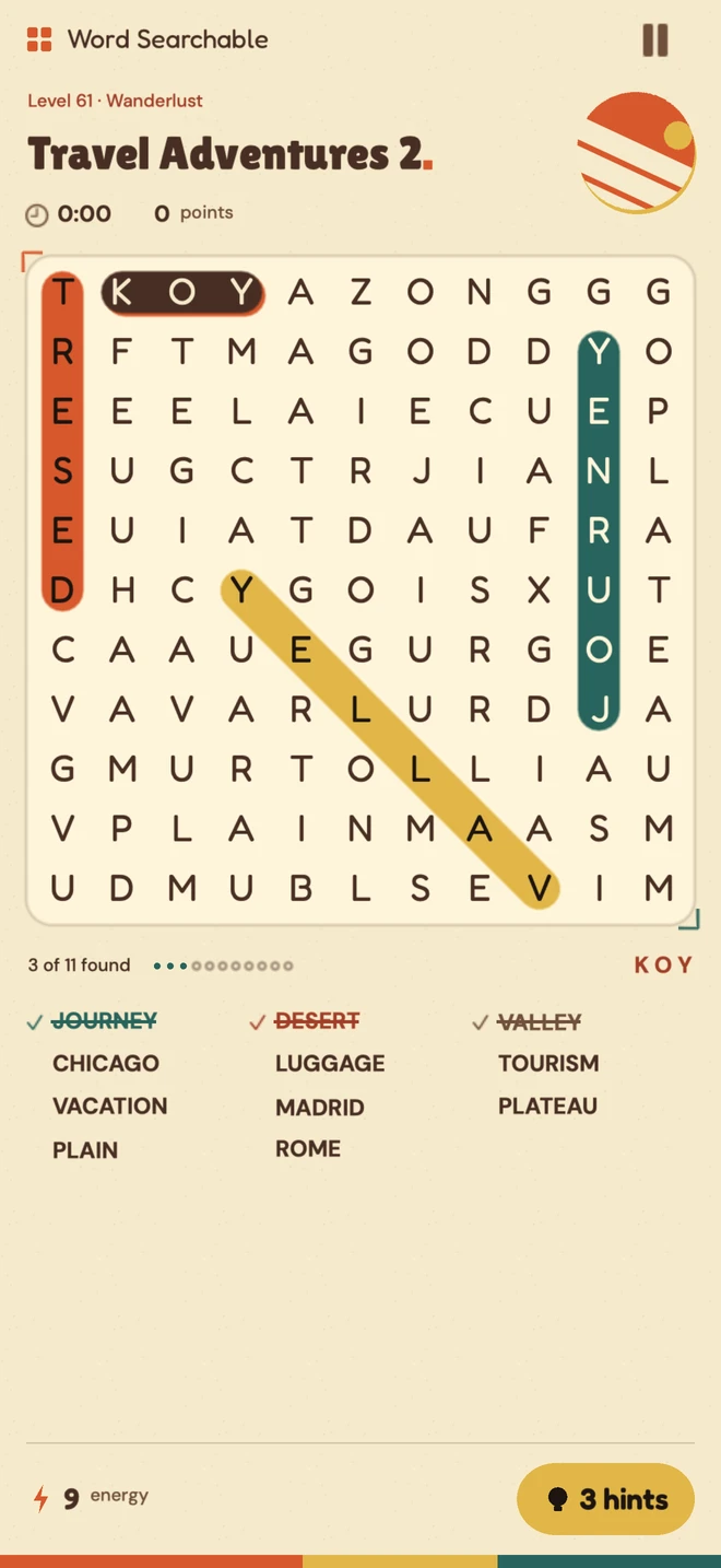 A puzzle in progress. Three words are found and striped in orange, teal and mustard, and a fourth is being dragged out.