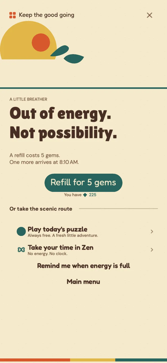 The out of energy screen: Out of energy. Not possibility. It says when the next energy arrives, and offers two free choices, today's puzzle and Zen.
