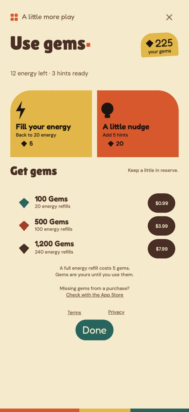 The shop: spend gems to fill your energy or add hints, or get more gems from the App Store.